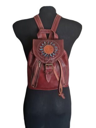 Festival Rugzak- Rugzak-Echt leer-Sun-Bohemian style-Boho style-Gypsy style-kleur 2-26cmx23cmx11cm