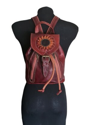 Festival Rugzak- Rugzak-Echt leer-Sun-Bohemian style-Boho style-Gypsy style-Kleur 3-26cmx23cmx11cm