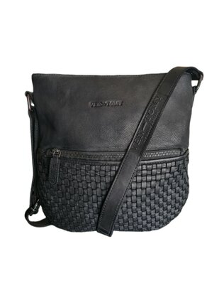 Ven Tomy-Schoudertas-crossbody-Gevlochten-Hoogwaardig leer-Gewassen leer- Soepel leer-Vintage-Zwart-28cmx28cmx8cm