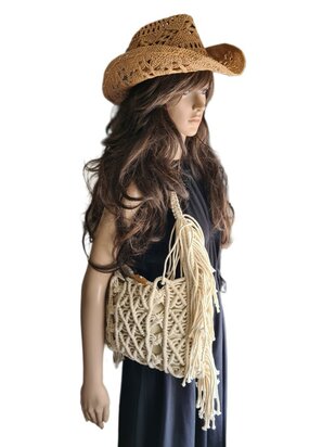 Turbo Bags- Schoudertas-Macram&eacute;-Fringe-Bohemian style-Ibiza style-100% katoen-Beige-31cmx22cmx3cm