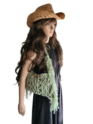 Turbo Bags- Schoudertas-Macram&eacute;-Fringe-Bohemian style-Ibiza style-100% katoen-Mint-31cmx22cmx3cm