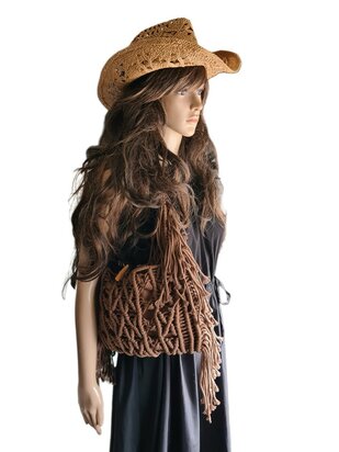 Turbo Bags- Schoudertas-Macram&eacute;-Fringe-Bohemian style-Ibiza style-100% katoen-Bruin-31cmx22cmx3cm