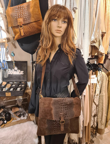 Suède Kroko schoudertas Brown