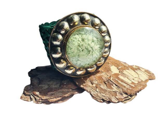 Riem-Leer-Bohemian-Boho style- Gevlochten leer- Steen- Zeegroen- 7cm 