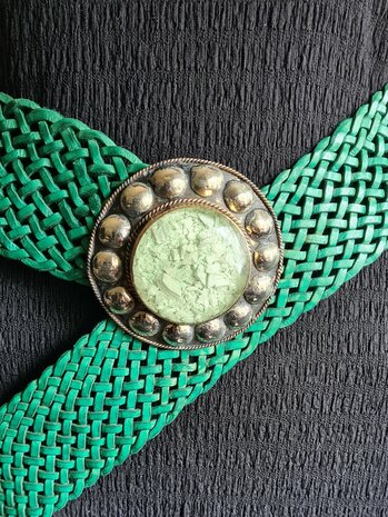 Riem-Leer-Bohemian-Boho style- Gevlochten leer- Steen- Zeegroen- 7cm 
