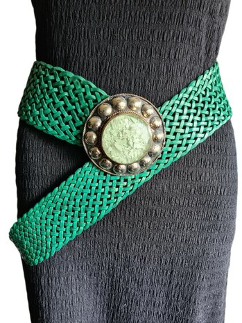 Riem-Leer-Bohemian-Boho style- Gevlochten leer- Steen- Zeegroen- 7cm 