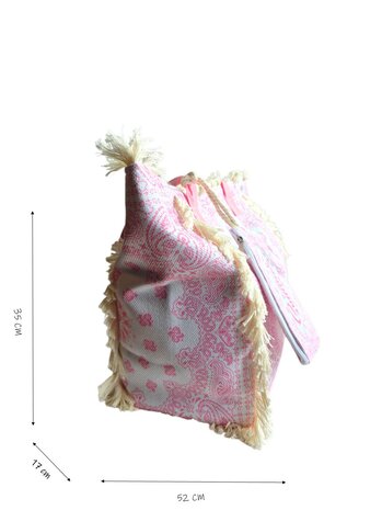Beach bag-Strand tas-Summer vibes-Franje-Bohemian style-Ibiza style-52cmx35cmx17cm-Licht roze