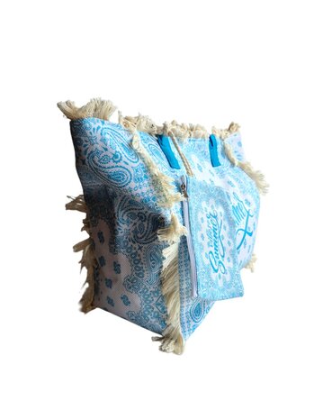 Beach bag-Strand tas-Summer vibes-Franje-Bohemian style-Ibiza style-52cmx35cmx17cm-Licht blauw