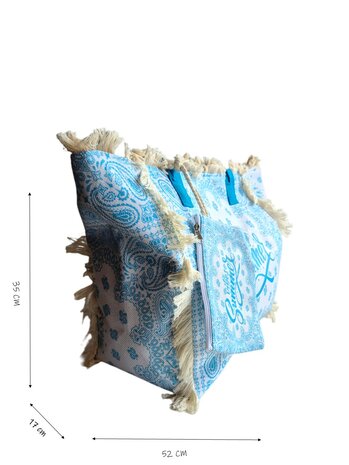Beach bag-Strand tas-Summer vibes-Franje-Bohemian style-Ibiza style-52cmx35cmx17cm-Licht blauw
