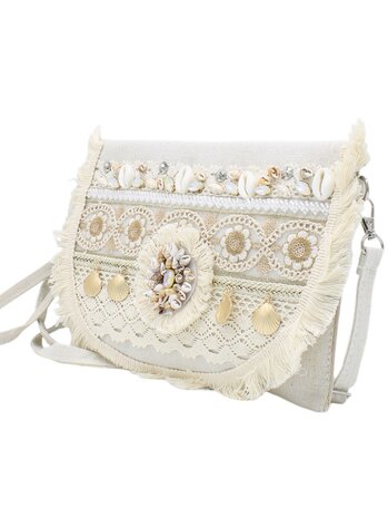 Crossbody tasje- Clutch-Schelp-Kwastjes -Ibizastyle-Bohmian style-Naturel-Little Sparkle-27cmx20cmx1cm-2