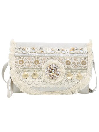 Crossbody tasje- Clutch-Schelp-Kwastjes -Ibizastyle-Bohmian style-Naturel-Little Sparkle-27cmx20cmx1cm-2