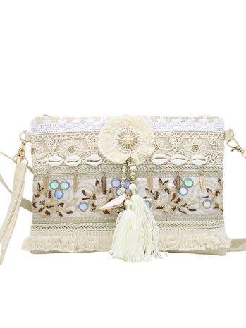 Crossbody tasje- Clutch-Schelp-Kwastjes -Ibizastyle-Bohmian style-Naturel-Little Sparkle-27cmx20cmx1cm-1