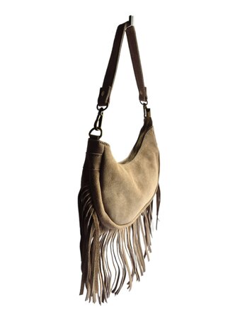 Made in Italy-Boho-tasje-Suède-Echt leer-Fringe-23cmx14cmx5cm-Taupe