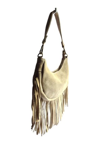Made in Italy-Boho-tasje-Suède-Echt leer-Fringe-23cmx14cmx5cm-Beige