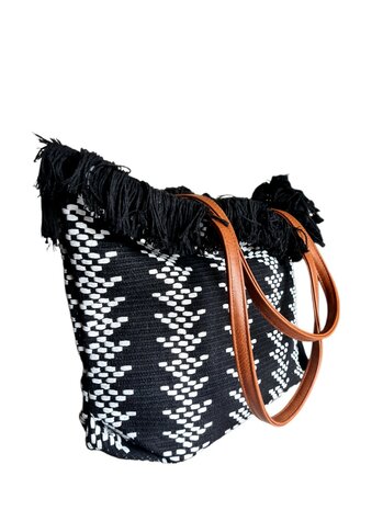 Beach bag-schoudertas-strandtas-Aztek print-100% katoen-48cmx34cmx15cm-Zwart