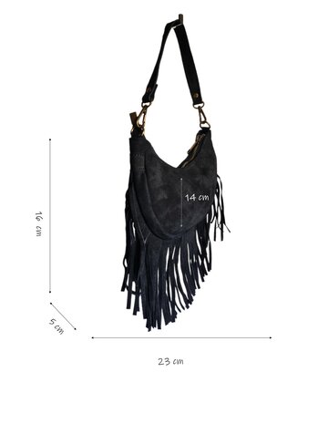 Made in Italy-Boho-tasje-Suède-Echt leer-Fringe-23cmx14cmx5cm-Zwart