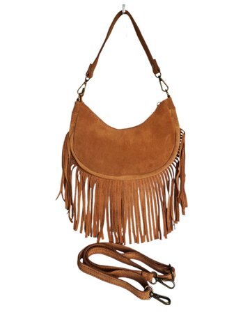 Made in Italy-Boho-tasje-Suède-Echt leer-Fringe-23cmx14cmx5cm-Camel