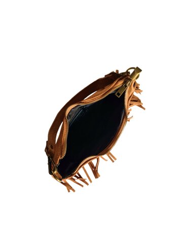 Made in Italy-Boho-tasje-Suède-Echt leer-Fringe-23cmx14cmx5cm-Camel