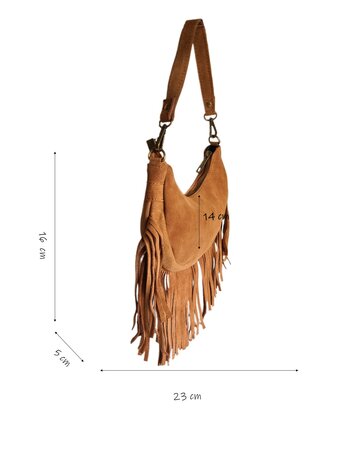 Made in Italy-Boho-tasje-Suède-Echt leer-Fringe-23cmx14cmx5cm-Camel