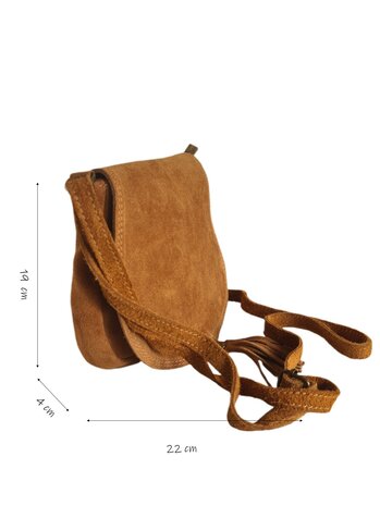 Made in Italy-Boho-tasje-Suède-Echt leer-Klep-Fringe-22cmx19cmx4cm-Camel