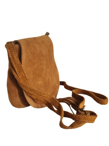 Made in Italy-Boho-tasje-Suède-Echt leer-Klep-Fringe-22cmx19cmx4cm-Camel