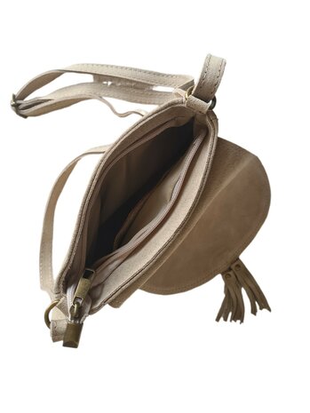 Made in Italy-Boho-tasje-Suède-Echt leer-Klep-Fringe-22cmx19cmx4cm-Beige