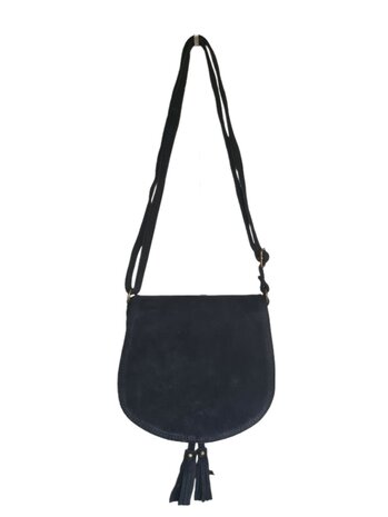 Made in Italy-Boho-tasje-Suède-Echt leer-Klep-Fringe-22cmx19cmx4cm-Zwart