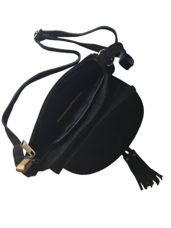 Made in Italy-Boho-tasje-Suède-Echt leer-Klep-Fringe-22cmx19cmx4cm-Zwart