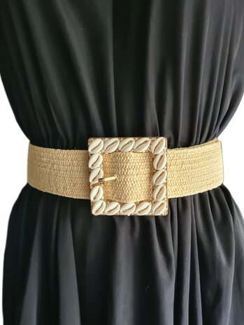 Elastische riem- Stretch-Schelpjes-Geweven-Ibiza style-Bohemian style-Boho style- Licht naturel-90 cm >150cm