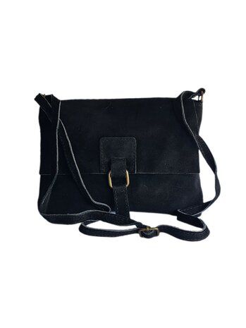 Made in Italy-Crossbody-Schouder tas-Suède-Leer-klep-Zwart-25cmx17cmx1cm