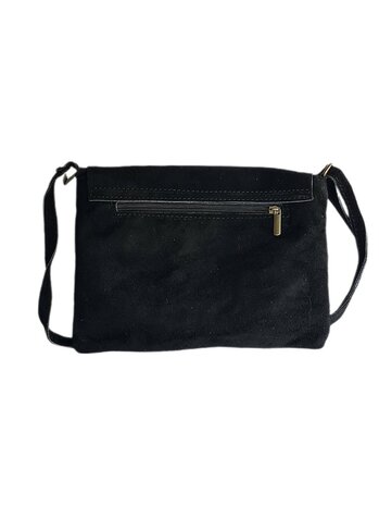 Made in Italy-Crossbody-Schouder tas-Suède-Leer-klep-Zwart-25cmx17cmx1cm