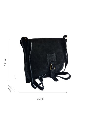 Made in Italy-Crossbody-Schouder tas-Suède-Leer-klep-Zwart-25cmx17cmx1cm