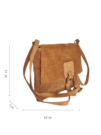 Made in Italy-Crossbody-Schouder tas-Suède-Leer-klep-Cognac-25cmx17cmx1cm