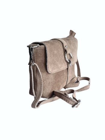 Made in Italy-Schouder tas-Crossbody- Tas-Suède-Leer-klep-Ring-Taupe-22cmx15cmx4,5cm