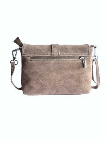 Made in Italy-Schouder tas-Crossbody- Tas-Suède-Leer-klep-Ring-Taupe-22cmx15cmx4,5cm