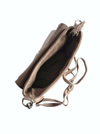 Made in Italy-Schouder tas-Crossbody- Tas-Suède-Leer-klep-Ring-Taupe-22cmx15cmx4,5cm