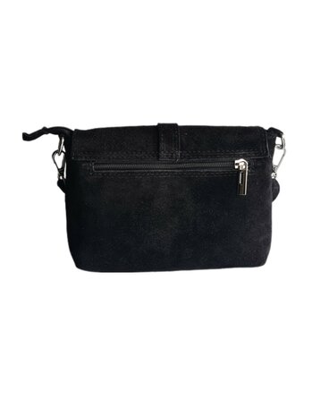 Made in Italy-Schouder tas-Crossbody- Tas-Suède-Leer-klep-Ring-Zwart-22cmx15cmx4,5cm