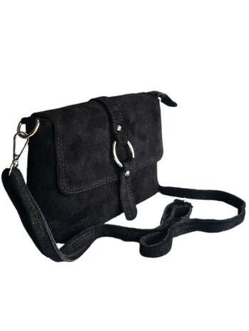Made in Italy-Schouder tas-Crossbody- Tas-Suède-Leer-klep-Ring-Zwart-22cmx15cmx4,5cm