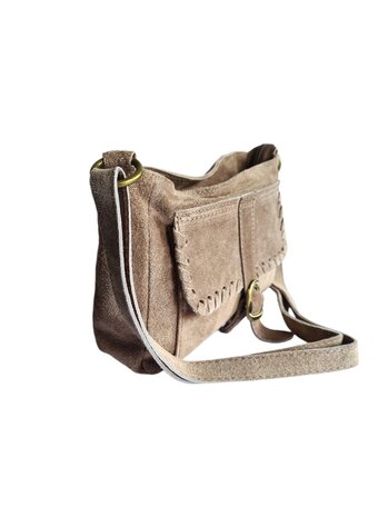 Made in Italy-Schouder tas-Crossbody- Tas-Suède-Leer-Voorvak-Gesp-Taupe-27cmx17cmx6cm