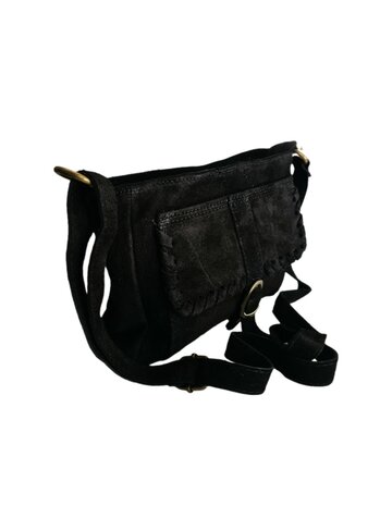 Made in Italy-Schouder tas-Crossbody- Tas-Suède-Leer-Voorvak-Gesp-Zwart-27cmx17cmx6cm