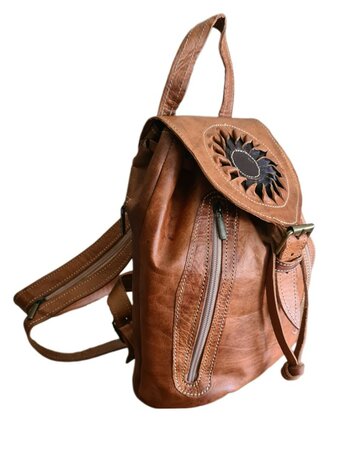 Festival Rugzak- Rugzak-Echt leer-Sun-Bohemian style-Boho style-Gypsy style-Camel-28cmx24cmx10cm