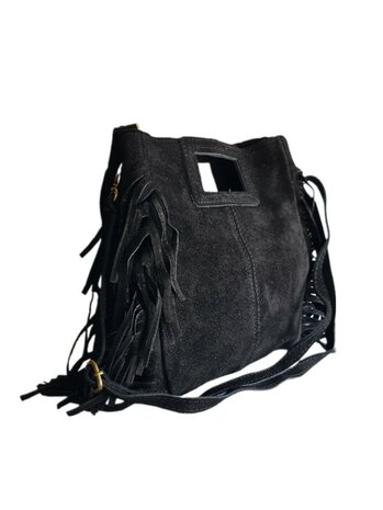 Made in Italy-Crossbody-Schouder tas-Handvat-Suède-Leer-Fringe-Zwart-27cmx25cmx5cm