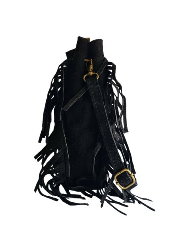 Made in Italy-Crossbody-Schouder tas-Handvat-Suède-Leer-Fringe-Zwart-27cmx25cmx5cm