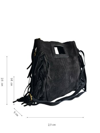 Made in Italy-Crossbody-Schouder tas-Handvat-Suède-Leer-Fringe-Zwart-27cmx25cmx5cm
