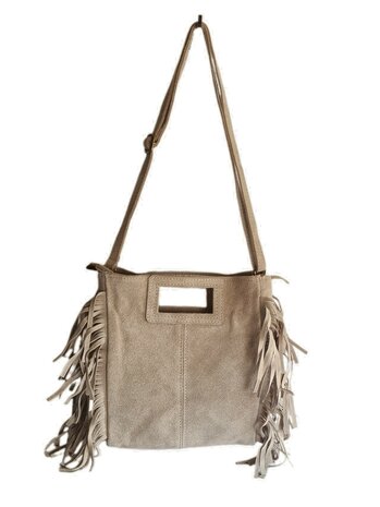 Made in Italy-Crossbody-Schouder tas-Handvat-Suède-Leer-Fringe-Beige-27cmx25cmx5cm