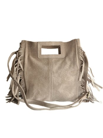 Made in Italy-Crossbody-Schouder tas-Handvat-Suède-Leer-Fringe-Beige-27cmx25cmx5cm
