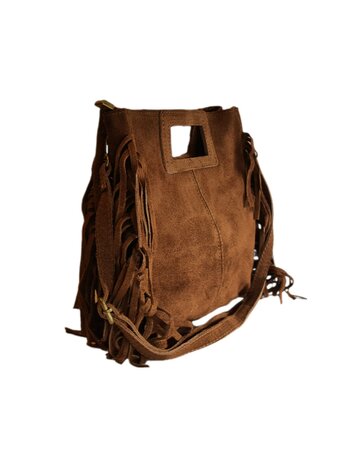 Made in Italy-Crossbody-Schouder tas-Handvat-Suède-Leer-Fringe-Bruin-27cmx25cmx5cm