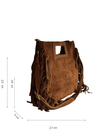 Made in Italy-Crossbody-Schouder tas-Handvat-Suède-Leer-Fringe-Bruin-27cmx25cmx5cm