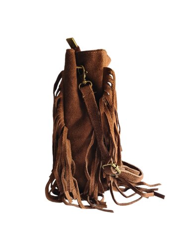 Made in Italy-Crossbody-Schouder tas-Handvat-Suède-Leer-Fringe-Bruin-27cmx25cmx5cm