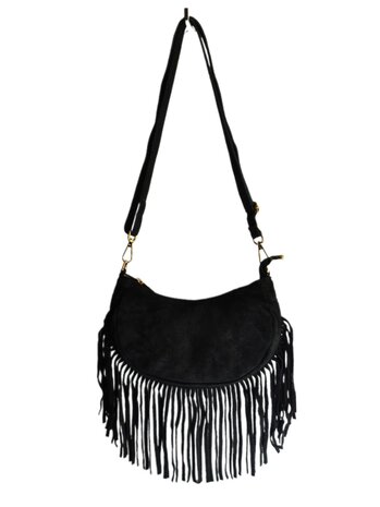 Made in Italy-Boho-tasje-Grof Suède-Echt leer-Fringe-25cmx12,5cmx6cm-Zwart